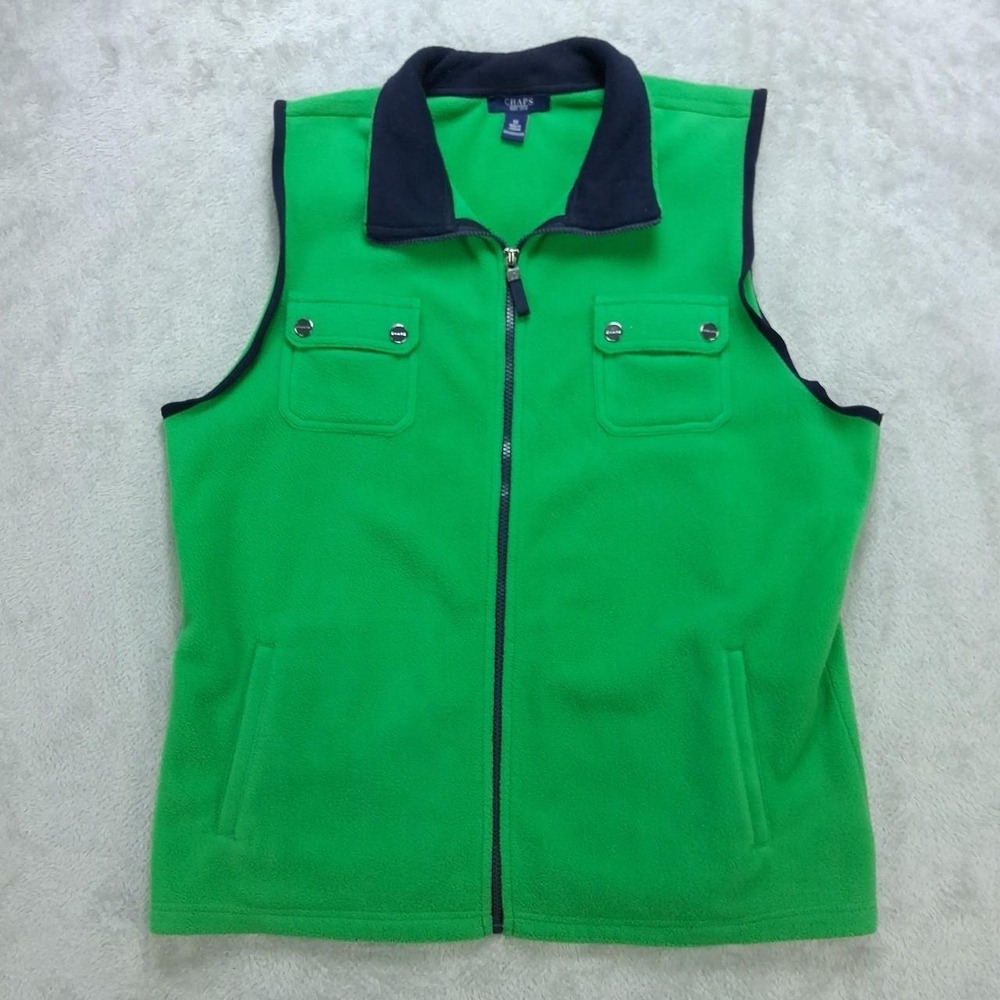 Chaps Womens Fleece Vest Size 1X Green Zip Up Casual Preppy Normcore Outdoor